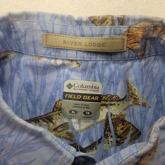 Columbia River Lodge Fish Print Shirt XL Blue Short Sleeve - Picture 2 of 6